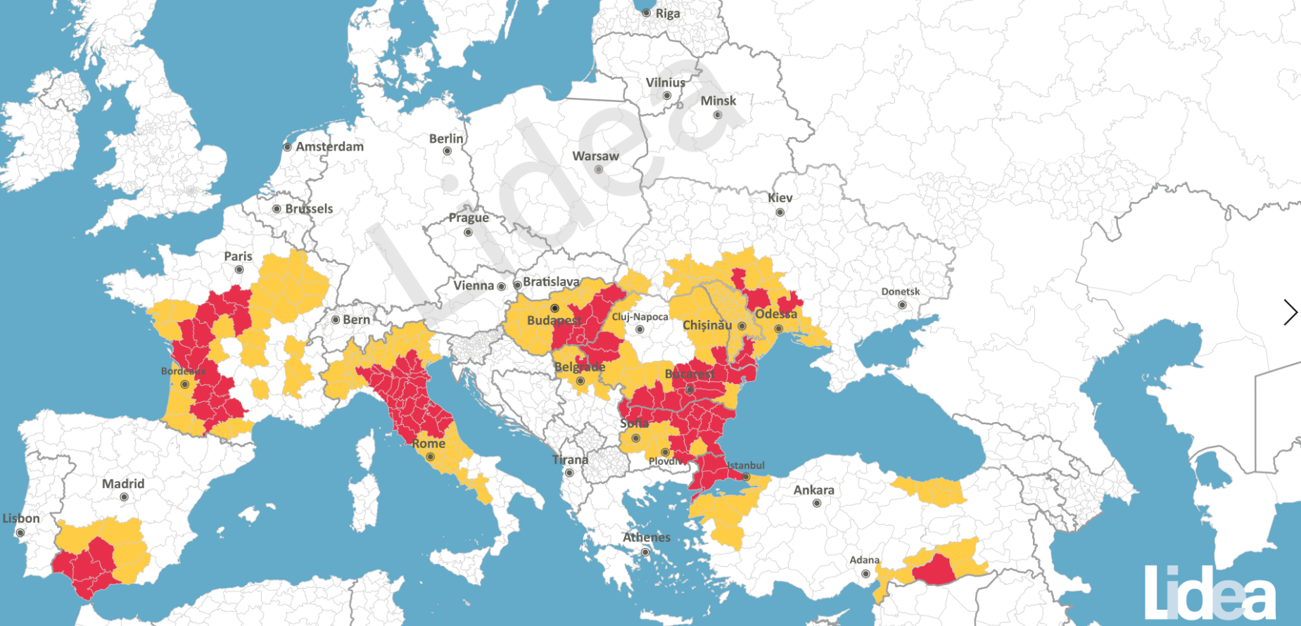 Mapa Europy przedstawiająca presję mączniaka rzekomego. Czerwone i żółte strefy oznaczają występowanie nowych, agresywnych ras patogenu na plantacjach słonecznika.
